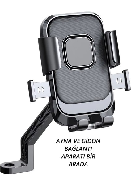 Motosiklet Telefon Tutucu Metal Bağlantı Aparatlı,Ayna Bağlantılı,Otomatik Kilitlemeli