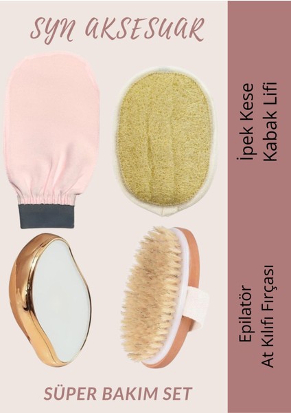 4'lü Set Ipek Kese Peeling Eldiven, Kabak Lifi, Epilatör Tüy Silgisi, Doğal At Kılı Fırçası