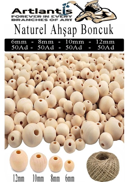 Naturel Ahşap Boncuk 200 Lü 1 Paket Jüt Ipi Ham Boyanabilir Ahşap Yuvarlak Doğal Boncuklar Takı Tasarım Ektinlik Kreş