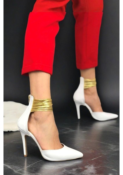Kadın Bilekten Altın Halka Detaylı Topuklu Ayakkabı Sivri Burun Şık Model modelleri