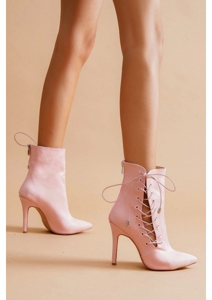 Kadın Sivri Burun Saten Bot Yüksek Topuklu Bağcıklı Şık Kısa Çizme