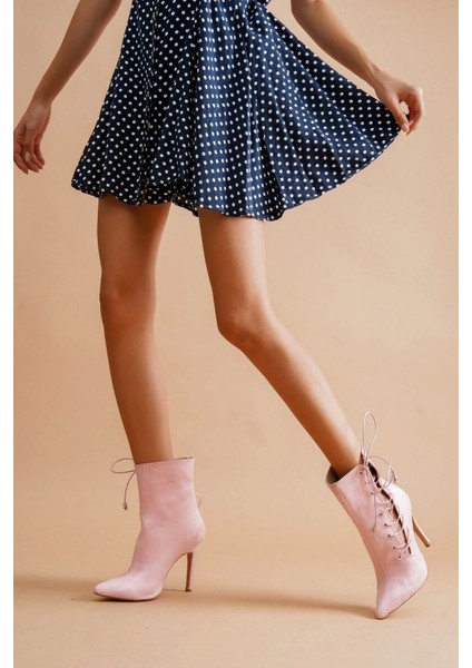 Kadın Sivri Burun Saten Bot Yüksek Topuklu Bağcıklı Şık Kısa Çizme fiyatları