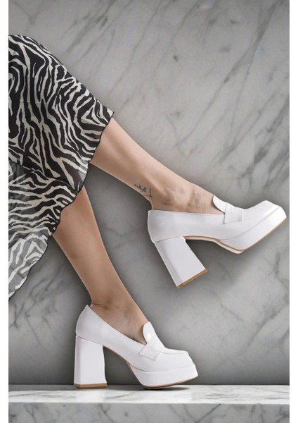 Kadın Moda Platform Kalın Topuklu Loafer Şık ve Zarif Abiye Ayakkabı