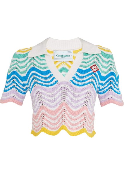 Dalgalar Dantel Kısa Kol Cropped Polo Bluz