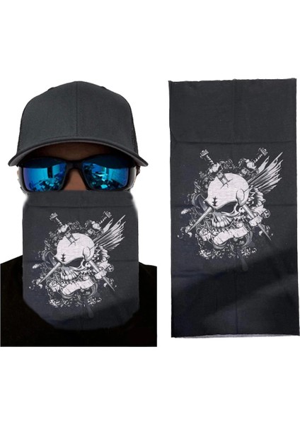 Siyah Renk Üzeri Likralı Beyaz Kafatası Kuru Kafa Baskılı Baf Buff Bandana 25X48 cm