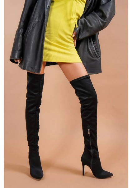 Kadın Diz Üstü Deri Detaylı Stiletto Çizme Sivri Burun Ince Topuk Model