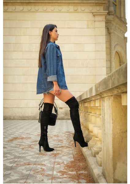 Kadın Diz Üstü Deri Detaylı Stiletto Çizme Sivri Burun Ince Topuk Model indirimleri