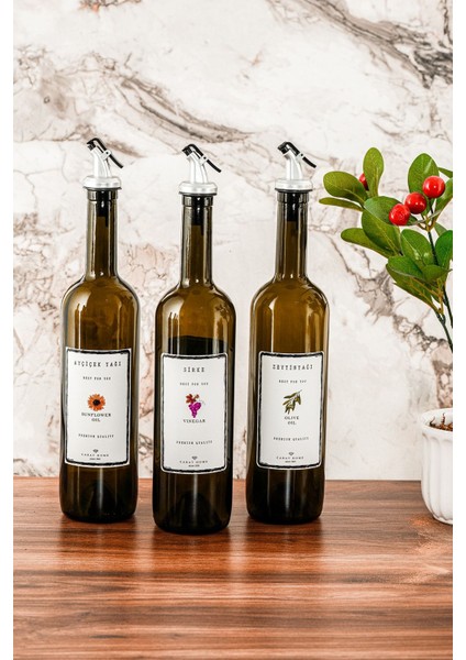 Zeytinyağı Ayçiçek Yağı Sirke Şişesi Yağdanlık 3lü Set 750 ml