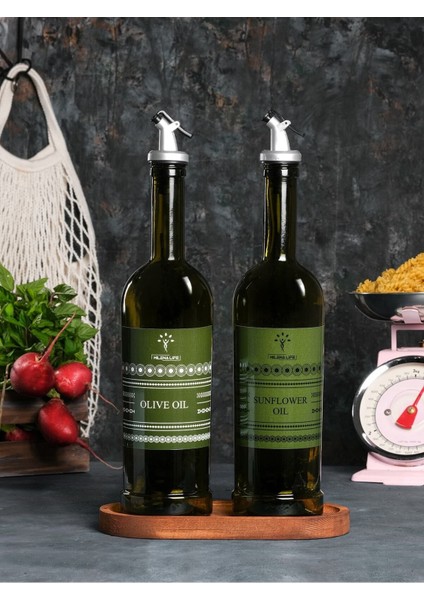 Ahşap standlı 2'li amber yağdanlık, 750 ml, yeşil, 5 parça, şık ve kullanışlı set