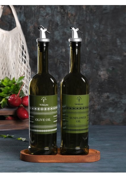 Ahşap standlı 2'li amber yağdanlık, 750 ml, yeşil, 5 parça, şık ve kullanışlı set fiyatları