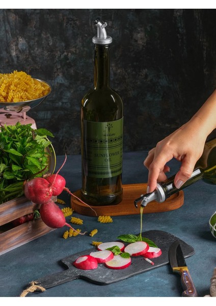 Ahşap standlı 2'li amber yağdanlık, 750 ml, yeşil, 5 parça, şık ve kullanışlı set modelleri