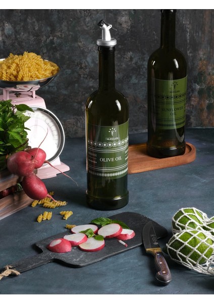 Ahşap standlı 2'li amber yağdanlık, 750 ml, yeşil, 5 parça, şık ve kullanışlı set fırsatları