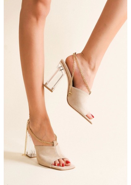 Kadın Moda Zincir Detaylı Şeffaf Topuklu Terlik Clevna Şık ve Zarif Abiye Ayakkabı fırsatları