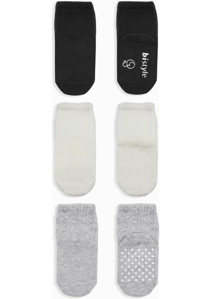 Bistyle Basic Kaymaz Penye Soket Çorap 3'lü BS10107 Siyah Ekru Gri
