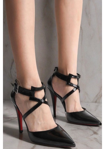 Kadın Sivri Burun Çapraz Bant Topuklu Ayakkabı Tokalı Ince Topuk Stiletto Edrie