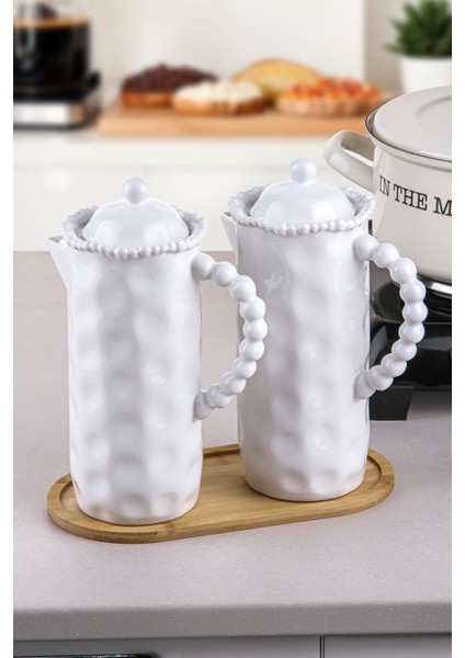 2'li porselen yağlık ve sirkelik seti, ahşap altlık, 1000 ml, şık ve kullanışlı, beyaz