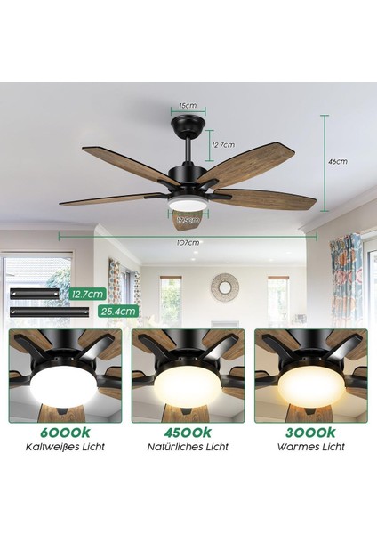 106 cm Tavan Vantilatörü ve LED Aydınlatma,sessiz, 5 Ahşap Kanatlı