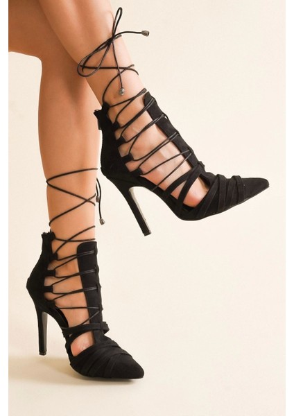 Kadın Moda Sivri Burun Bağcıklı Topuklu Ayakkabı Şık ve Zarif Abiye Ayakkabı