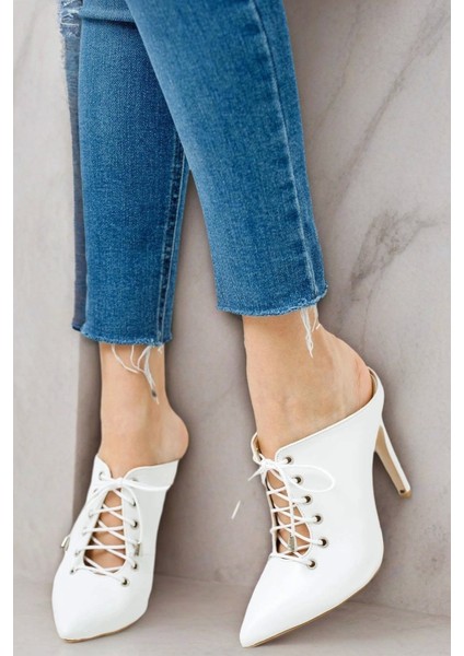 Kadın Moda Bağcıklı Sivri Burun Ince Topuklu Terlik Şık ve Zarif Abiye Ayakkabı