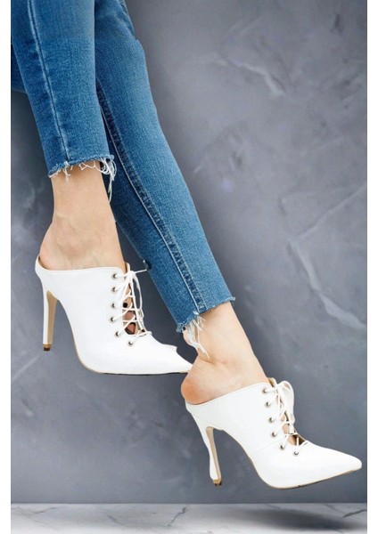 Kadın Moda Bağcıklı Sivri Burun Ince Topuklu Terlik Şık ve Zarif Abiye Ayakkabı modelleri