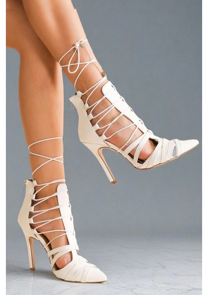 Kadın Moda Sivri Burun Bağcıklı Topuklu Ayakkabı Şık ve Zarif Abiye Ayakkabı