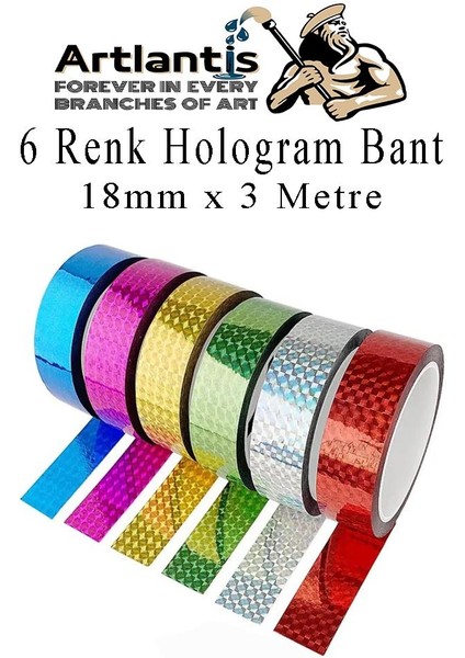 Renkli Hologram Bant 6 Renk 1 Paket 18MM x 3 Metre Yaldızlı Metalik Desenli Fosforlu Hologram Bant Hobi Tasarım