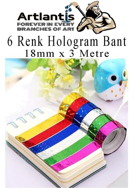 Renkli Hologram Bant 6 Renk 1 Paket 18MM x 3 Metre Yaldızlı Metalik Desenli Fosforlu Hologram Bant Hobi Tasarım