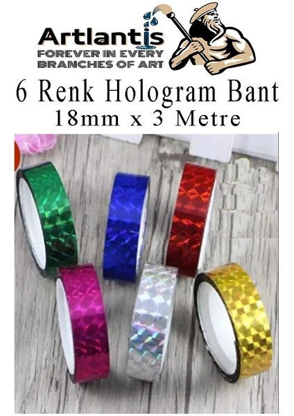 Renkli Hologram Bant 6 Renk 1 Paket 18MM x 3 Metre Yaldızlı Metalik Desenli Fosforlu Hologram Bant Hobi Tasarım