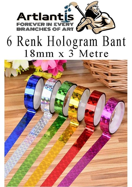 Renkli Hologram Bant 6 Renk 1 Paket 18MM x 3 Metre Yaldızlı Metalik Desenli Fosforlu Hologram Bant Hobi Tasarım