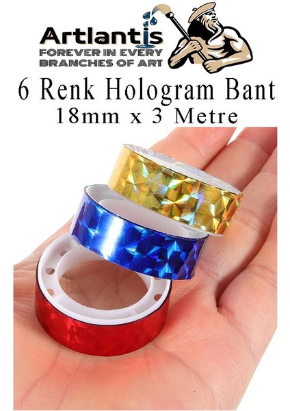 Renkli Hologram Bant 6 Renk 1 Paket 18MM x 3 Metre Yaldızlı Metalik Desenli Fosforlu Hologram Bant Hobi Tasarım