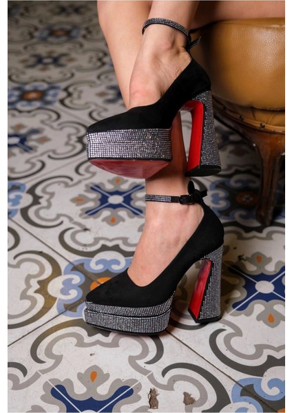 Kadın Moda Taşlı Çift Platform Tasarım Topuklu Ayakkabı Şık ve Zarif Abiye Ayakkabı