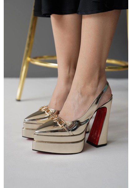 Kadın Moda Çift Platform Tasarım Arka Açık Yüksek Topuklu Ayakkabı Şık ve Zarif Abiye Ayakkabı