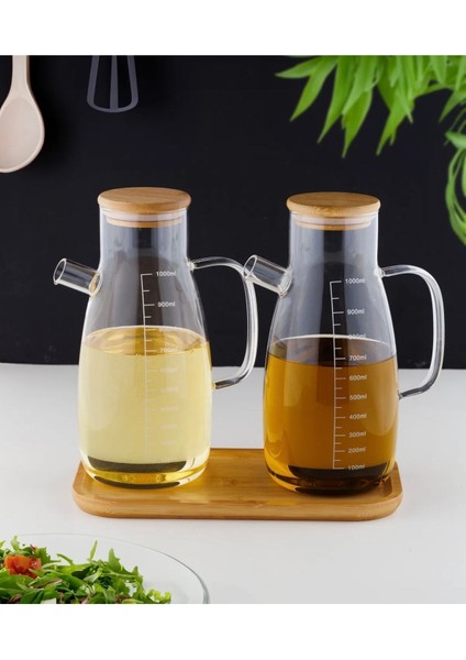 Bambu Standlı 2’li 1000 ml Borosilikat Cam Bambu Kapaklı Yağdanlık Set Ayçiçek Zeytinyağı Yağlık