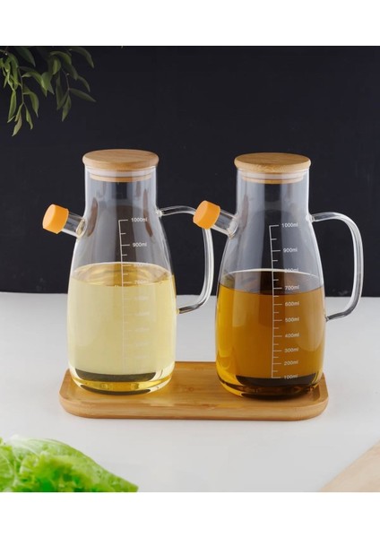 Bambu Standlı 2’li 1000 ml Borosilikat Cam Bambu Kapaklı Yağdanlık Set Ayçiçek Zeytinyağı Yağlık