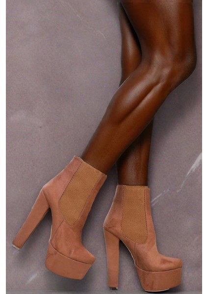 Kadın Moda Platform Topuk Lastikli Bot Şık ve Zarif Abiye Ayakkabı