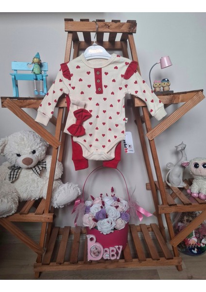 Kız Bebek Kalp Desenli Bandanalı 3'lü Takım