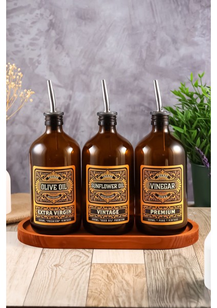 500 ml Amber Renkli Vintage Tasarımlı Ahşap Stantlı Zeytinyağı Şişesi, Sıvıyağ ve Sirke Şisesi