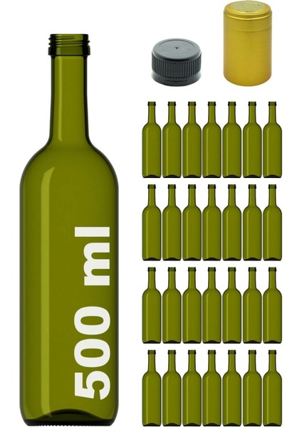 500 ml yeşil zeytinyağı, kapaklı cam şişe, 28 adet, kapüşonlu, doğal ve sağlıklı seçim