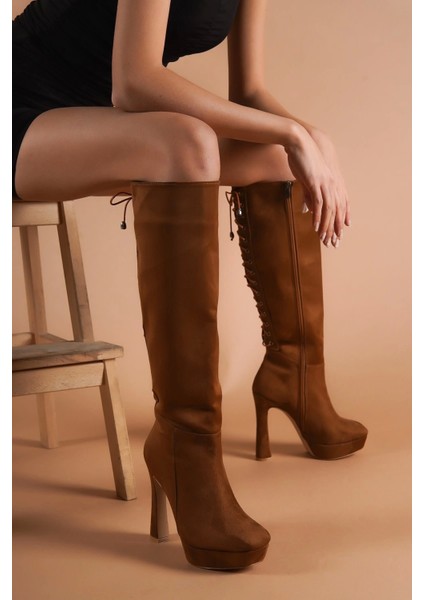 Kadın Bağcıklı Platform Topuklu Çizme Diz Altı Kalın Topuk Bot