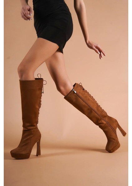 Kadın Bağcıklı Platform Topuklu Çizme Diz Altı Kalın Topuk Bot modelleri