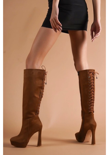 Kadın Bağcıklı Platform Topuklu Çizme Diz Altı Kalın Topuk Bot fırsatları