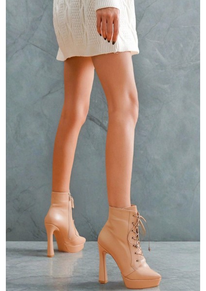 Kadın Moda Yüksek Topuk Bağcıklı Bot Şık Ve Zarif Abiye Ayakkabı