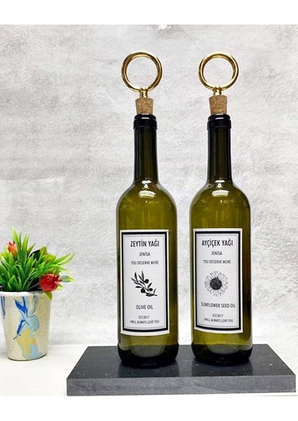 Yeşil 750ml Mantar Tıpalı Yağlık ve Yağdanlık Seti, Bej Renk
