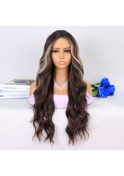 Uzun Kumral Balköpüğü Işıltılı Su Dalgalı Tül Peruk