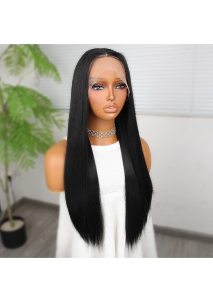 Siyah Fiber Sentetik Düz Tül Peruk modelleri