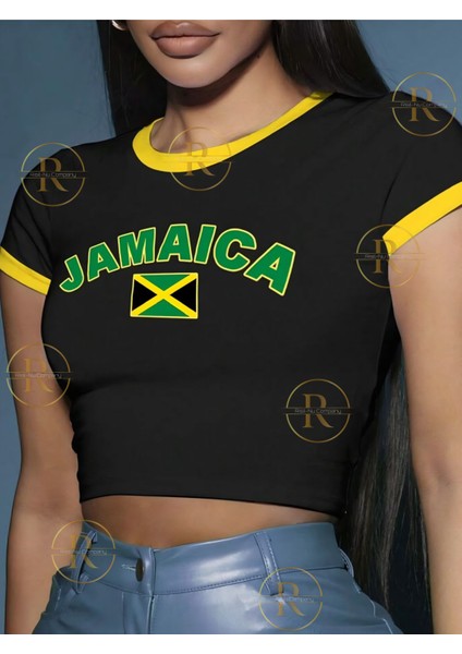 Sarı Biye Detaylı Brasil, Portugal, Jamaica Baskılı Esnek Kumaş Crop T-Shirt