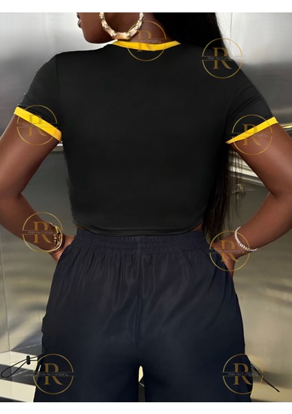Sarı Biye Detaylı Brasil, Portugal, Jamaica Baskılı Esnek Kumaş Crop T-Shirt modelleri