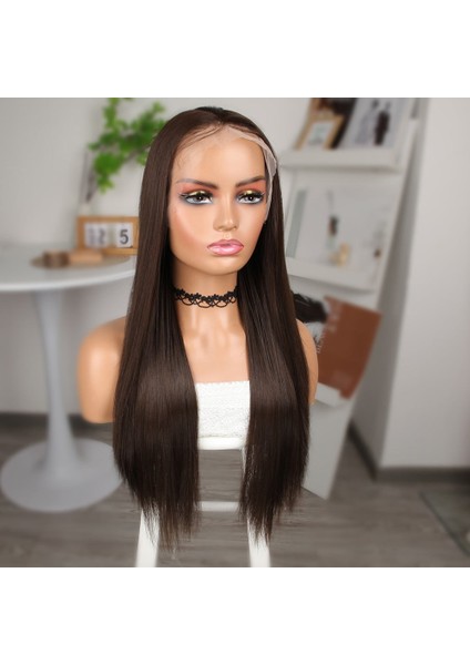 Açık Kahve Fiber Sentetik Düz Tül Peruk modelleri