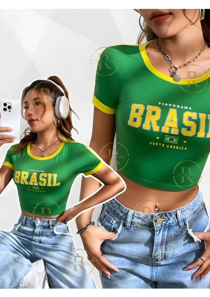 Sarı Biye Detaylı Brasil, Portugal, Jamaica Baskılı Esnek Kumaş Crop T-Shirt
