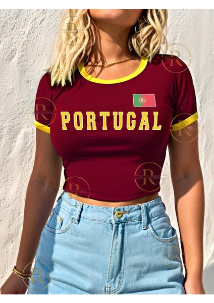 Sarı Biye Detaylı Brasil, Portugal, Jamaica Baskılı Esnek Kumaş Crop T-Shirt fiyatları